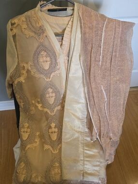 Embroidered Champagne Beige Formal Tunic with Matching Dupatta